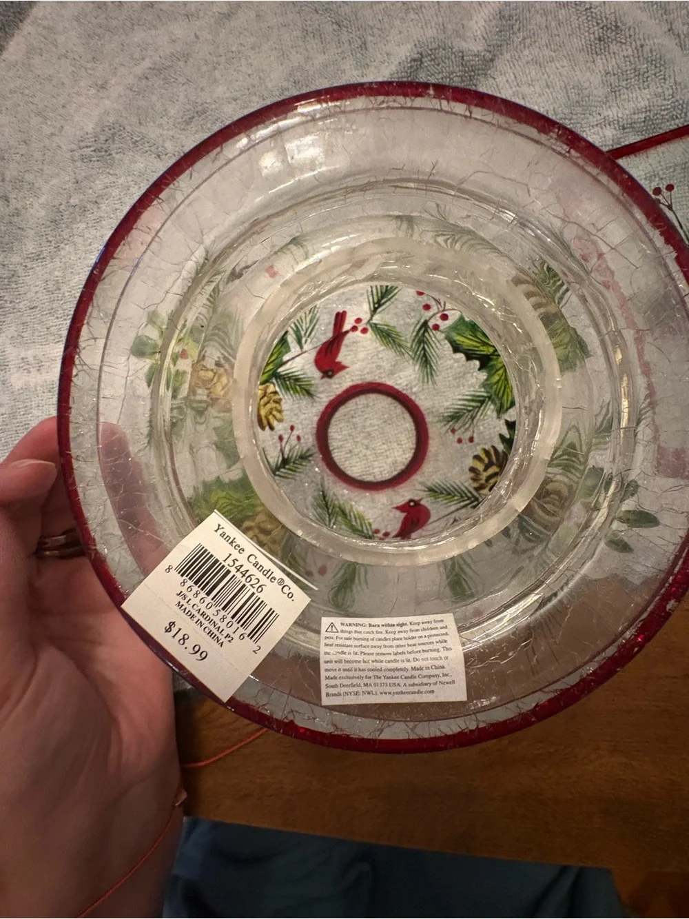 Yankee Candle Red-Trim Glass Hurricane and Tray with Pine & Cardinal Motif
